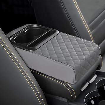 Car Center Console Armrest Pillow, 13.19"7.87" Leather Car Arm Rest Cover, Memory Foam Auto Armrest Cushion with Cup Holder Phone Slot, Universal Vehicle Middle Console Cushion Pad Gray