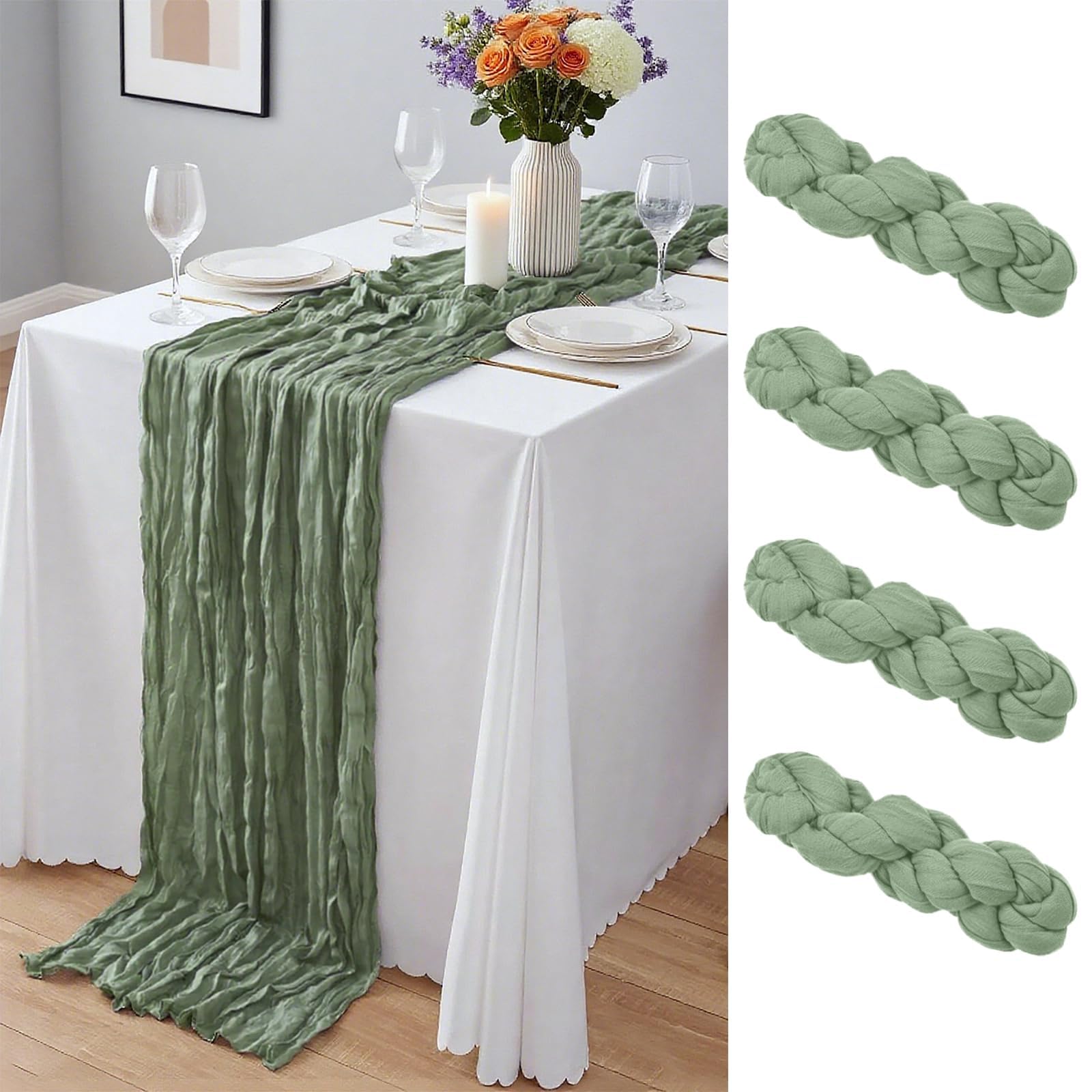 4 Pack Sage Green Cheesecloth Table Runner – Semi Sheer Gauze Table Runners 21.5 x 120 Inch, 10Ft Bulk Cheese Cloth Fabric Runner for Wedding, Party, Baby Shower, Bridal Shower