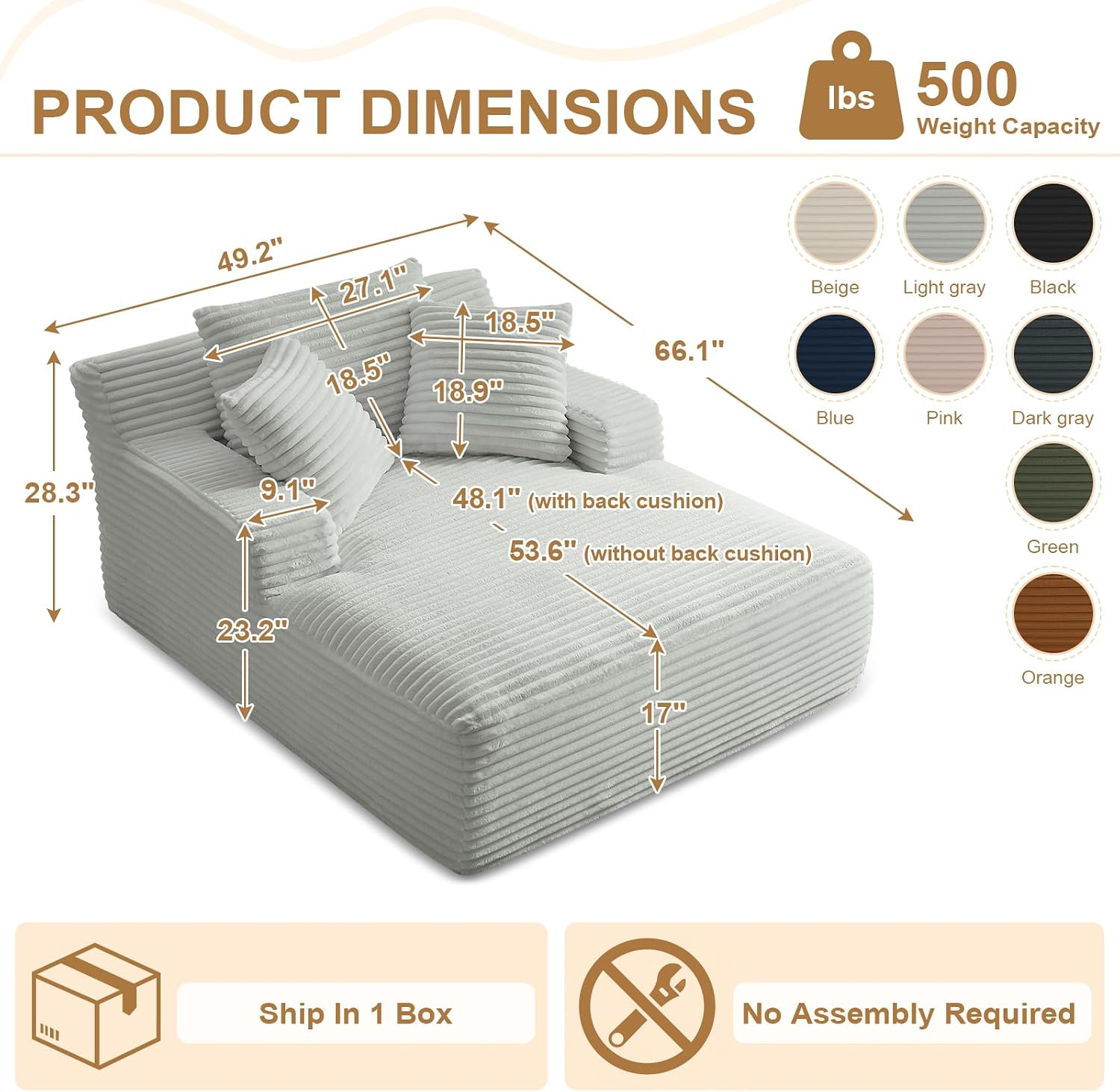 Oversized Chaise Lounge Chair Indoor, 66" Cloud Boneless Sleeper Couch Corduroy Upholstered Sofa Bed Deep Seat Comfy Reading Chair with 3 Pillows for Living Room Bedroom, Light Grey