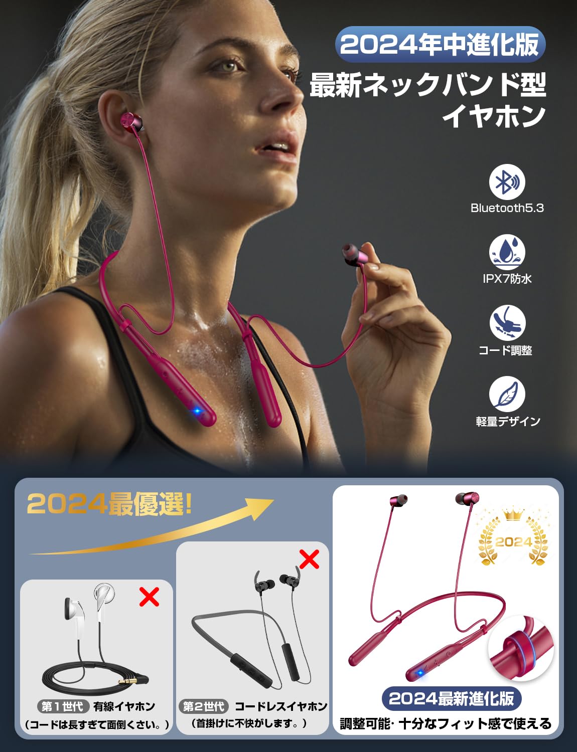 Amazon.co.jp: 【2025新設計ネックバンド型・長さ調整・Bluetooth 5.3