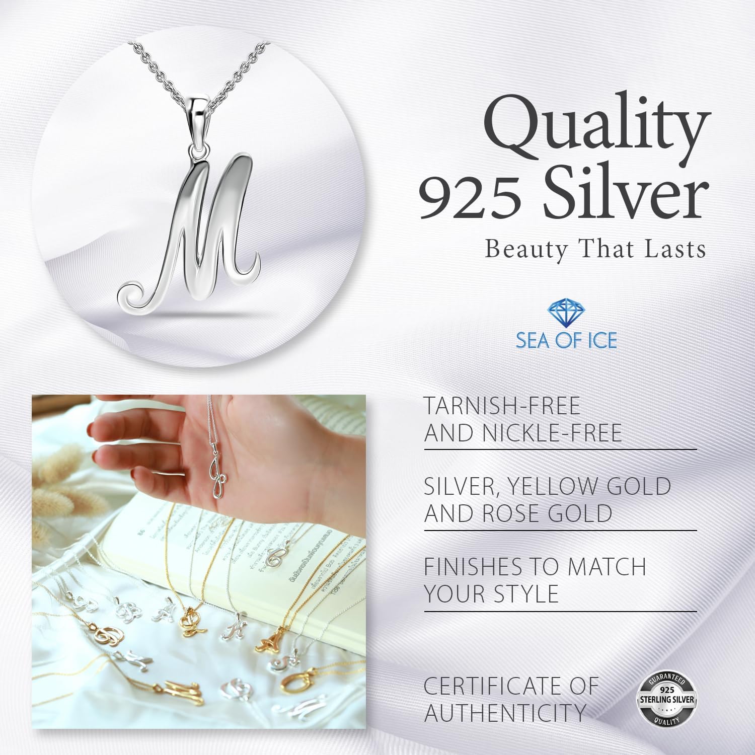 SEA OF ICE Letter Initial Necklace, Alphabet Letter Pendant Necklace, Sterling Silver, Gold, Rose Gold Necklace for Women, Elegant Initial Necklaces, Personalized Custom Women's Necklaces - Image 5