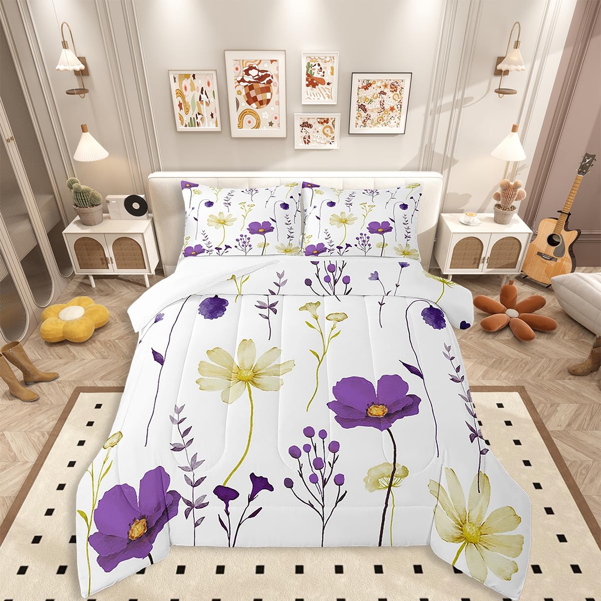 Erosebridal Watercolor Floral Comforter Set Twin Size, Purple Yellow Flower Bedding Set for Teens Adult Women Bedroom, Modern Minimalist White Down