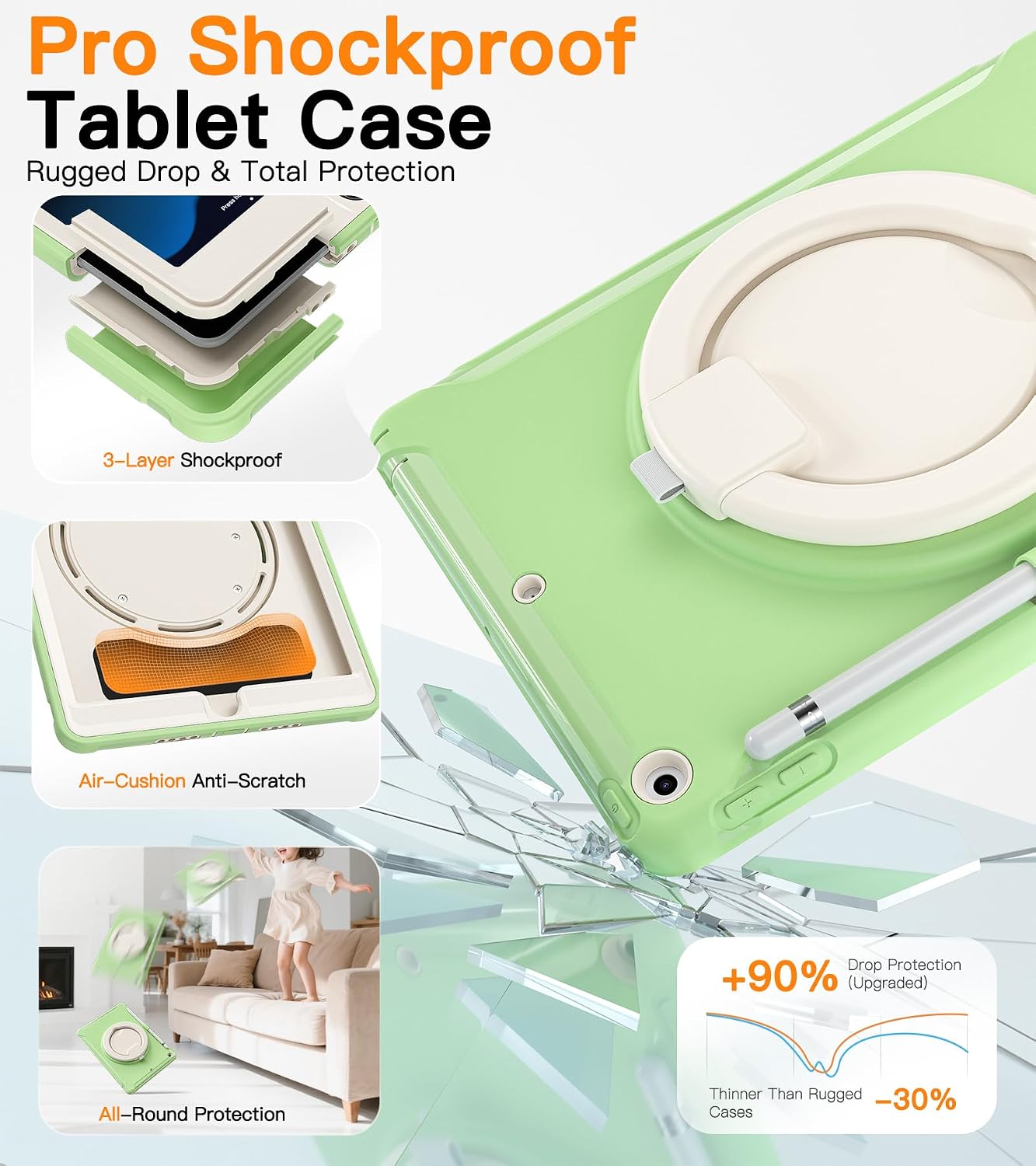 BATYUE Shockproof Case for iPad 7th/8th/9th Gen 2019/2020/2021 | 360° Multi-Angle Stand (Portrait & Landscape) & Grip, Built-in Screen Protector, Pencil Holder, Matcha Green