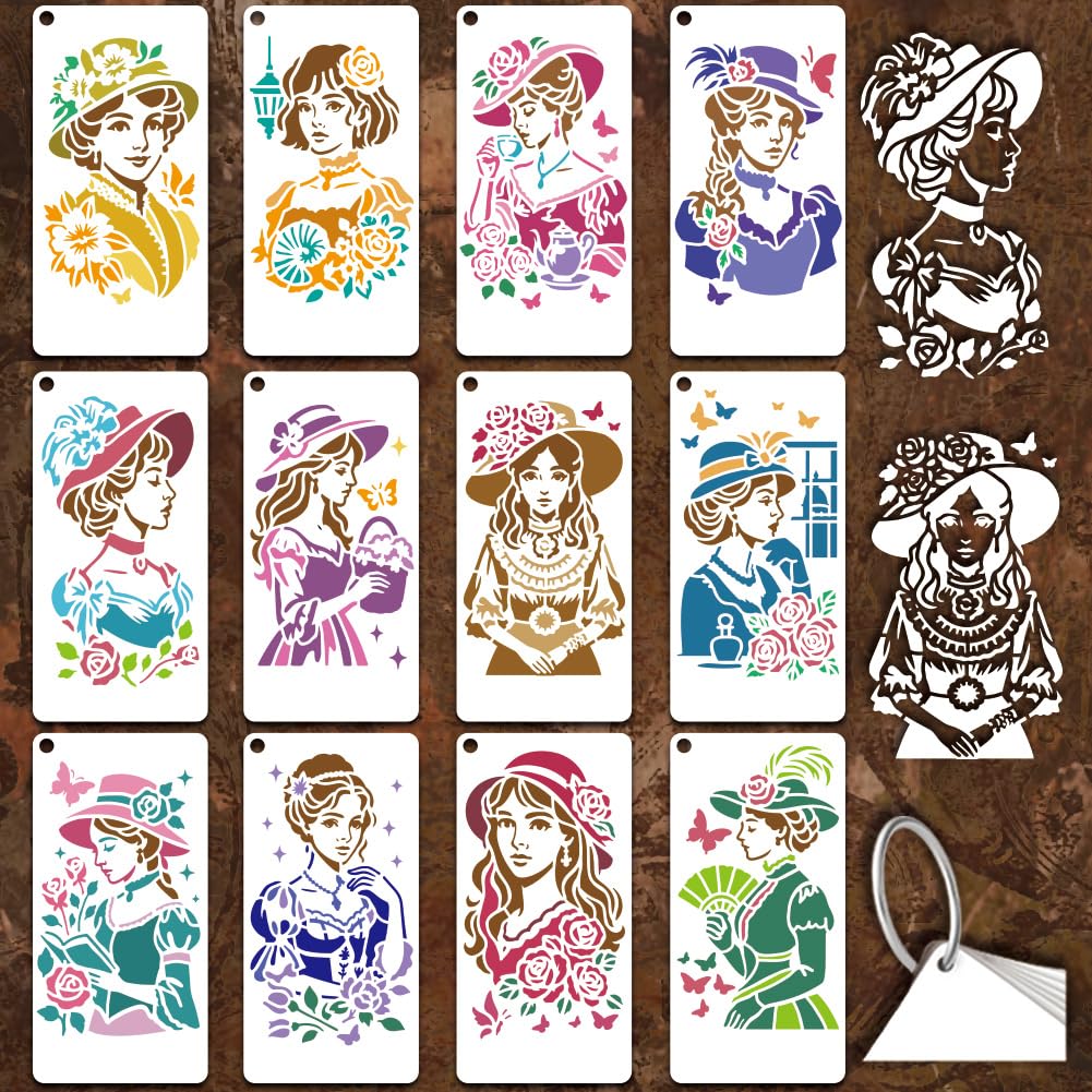 GOMAKERER 12 Sheets Ladies' Bust Portrait Stencils for Painting, 12 Styles Vintage Lady Drawing Template Lady Beauty Dress Flower Art Templates for Painting on Wall Wood Home Decor