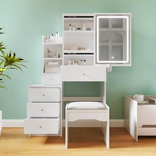 Miniatura 8 de Tocador de maquillaje con espejo y luces, moderno juego de mesa de maquillaje para dormitorio con taburete tapizado, escritorio con 4 cajones y