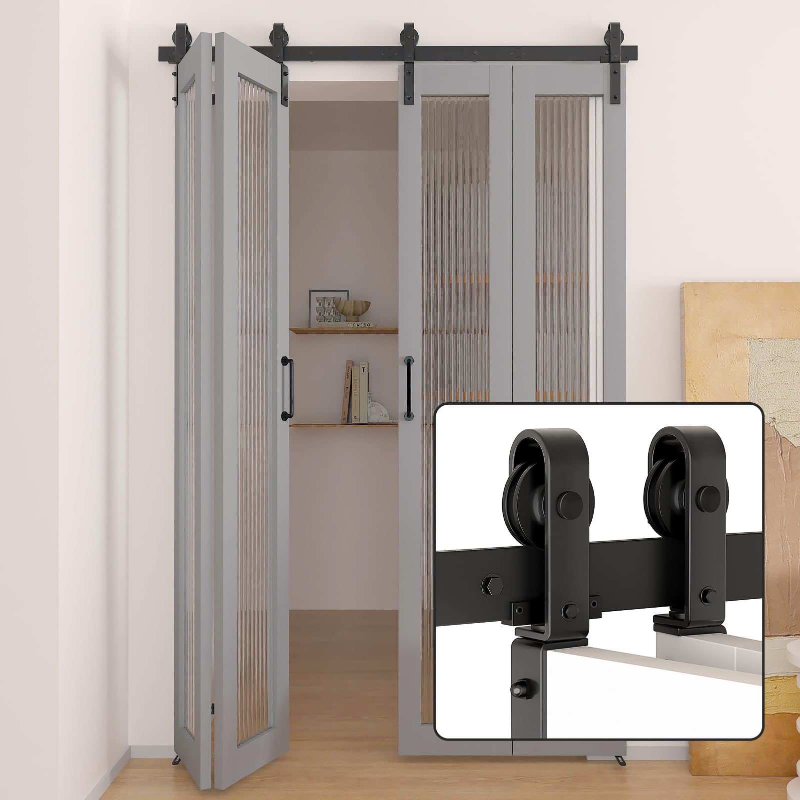 52" Bi-Folding Sliding Barn Door Hardware Kit - Heavy Duty Side Mounted Roller, Perfect for Home Use, Space-Saving Foldi