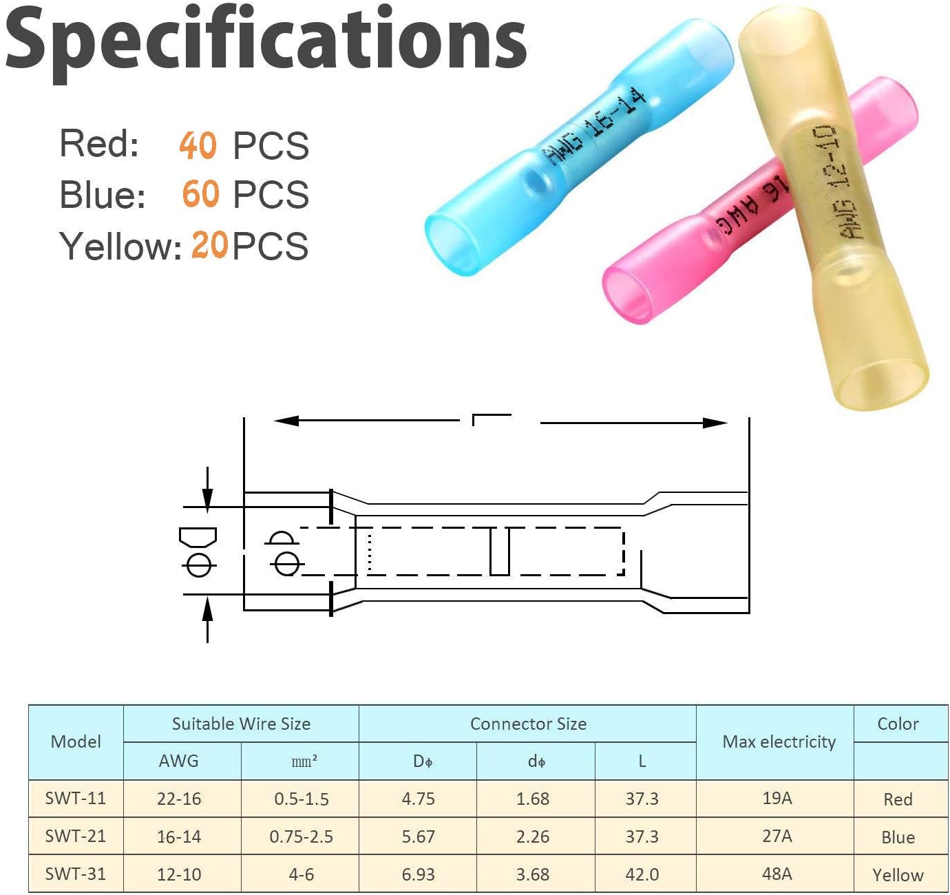 🔥 Flаѕh Sаlе Onite 120pcs Heat Shrink Butt Connectors Terminals, Insulated Waterproof Marine Automotive Copper Wire Electrical Connectors Kits (22-18awg Red 40pcs, 16-14awg Blue 60pcs, 12-10awg Yellow 20pcs)