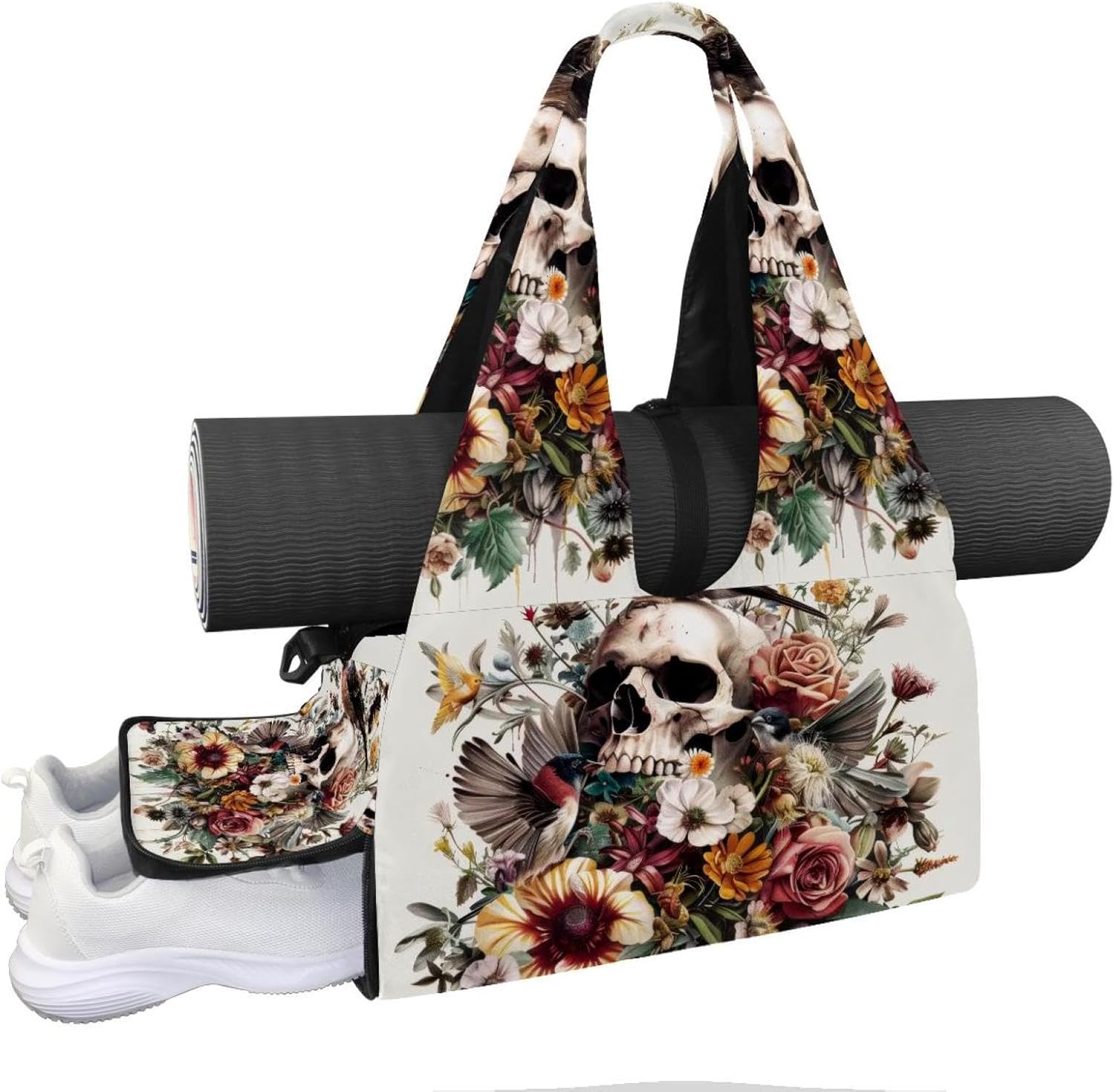 Gym Bag for Women, Galaxy Cat Eating Donut Yoga Mat Bag with Shoe Compartment, Sport Yoga Gym Bag with Yoga Strap, Carryall Yoga Tote Bag