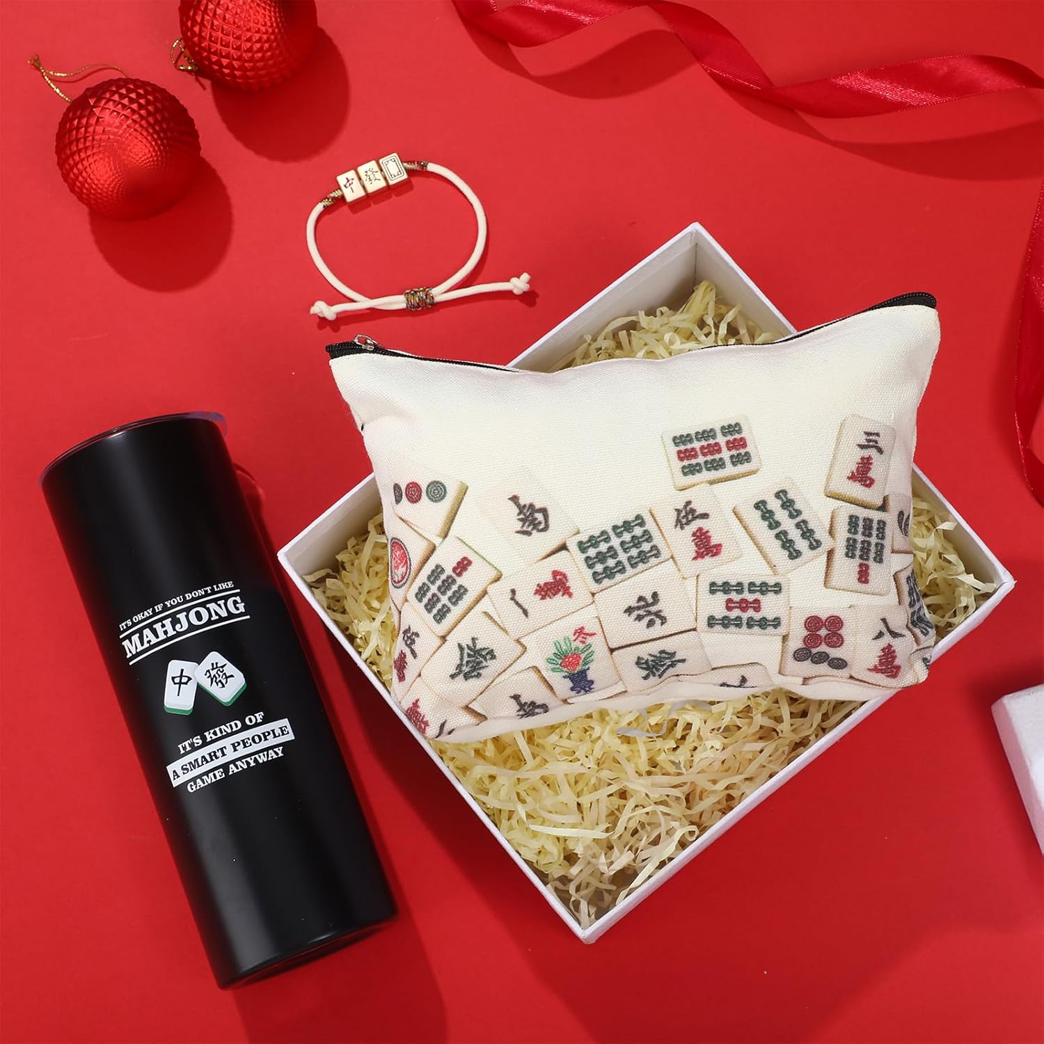 3 Pcs Valentine's Mahjong Gifts for Women Men 20oz Stainless Steel Insulated Tumbler Mahjong Coin Purse Cosmetic Bag Lucky Bracelet for Lover Player Friends Birthday New Year Gift - Image 6