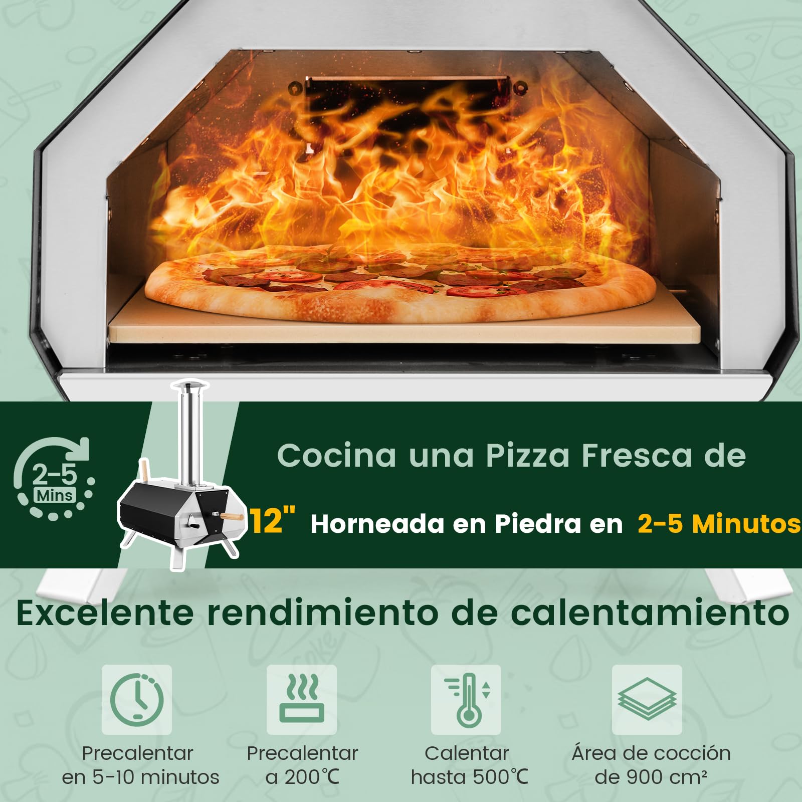 COSTWAY Horno Pizza Exterior 12", Pizza Oven Portátil de Acero Inoxidable, Horno de Leña con Piedra para Pizza, Patas Plegables, Termómetro y Pala de Pizza para Cocinar al Aire Libre