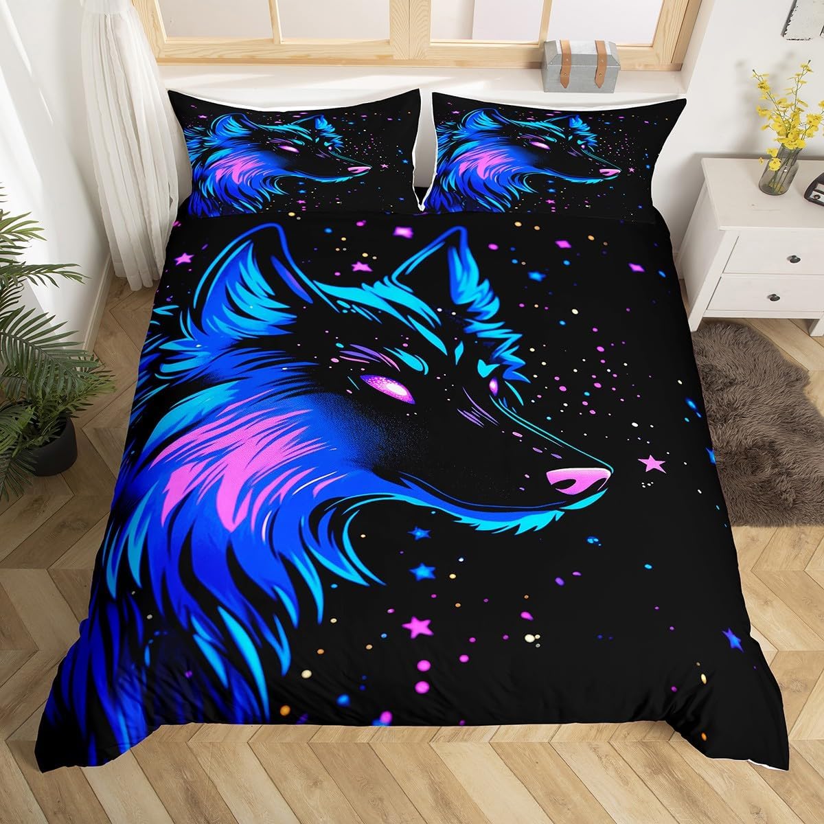 Feelyou Wolves Howling Bedding Set for Kids Boys Girls Wolf Comforter Cover Set King Size Black White Duvet Cover Bedroom Decor Animal Wolves Bedspread Cover Mountain Moon Wolf Bedding Collection 3Pcs