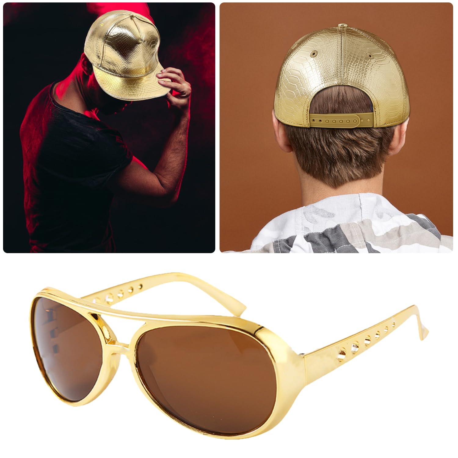 HAICN 2Pieces Hip-Hop Costume Outfit Baseball Gold Cap Sunglasses Rapper Fancy Dress Accessories for Women Men Hippie Party Supplies - Image 3