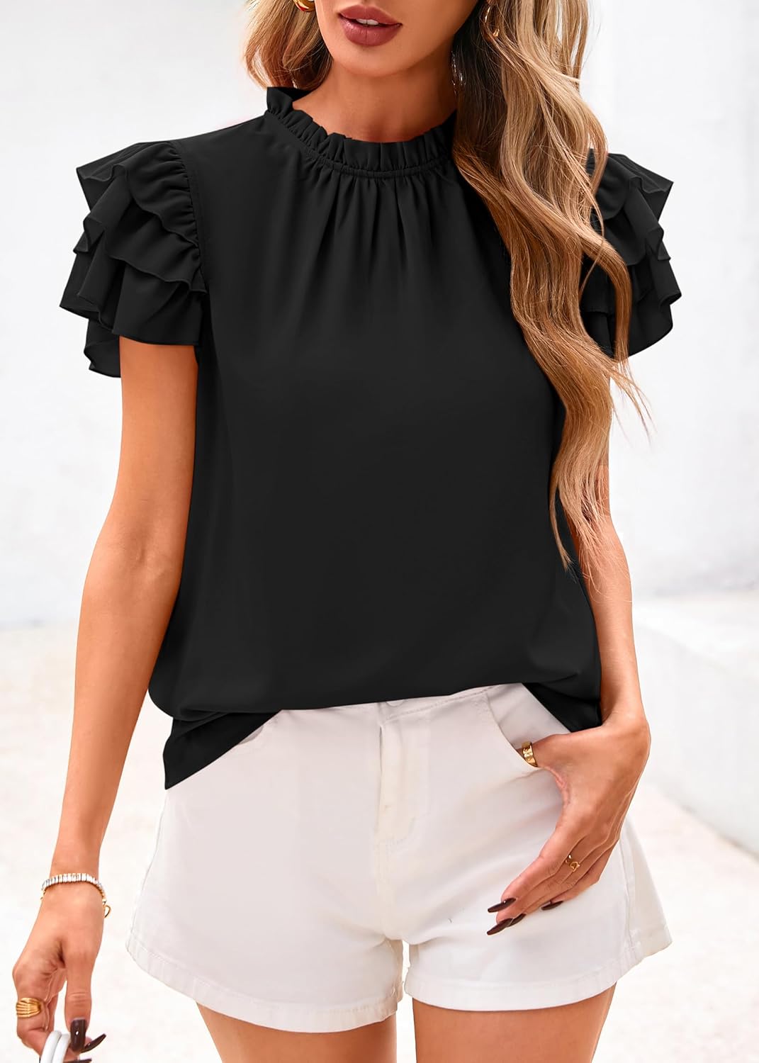 KIRUNDO Blouses for Women Dressy Casual 2026 Spring Summer Ruffle Short Sleeve Mock Neck Work Shirts Tops Fashion Clothing - Image 4