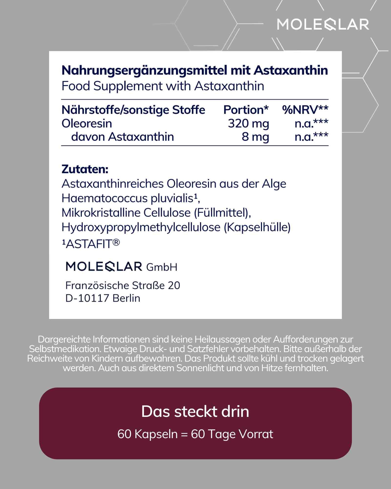 MoleQlar Astaxanthin Kapseln 60 Stück - 8 mg Astaxanthin aus Oleoresin - Markenrohstoff ASTAFIT - Nachhaltig Gewonnen aus Haematococcus Pluvialis - Nahrungsergänzungsmittel