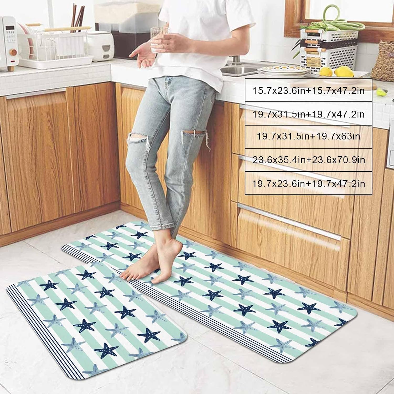 Prime Leader Summer Starfish Kitchen Mat Set 2 Pieces Mint Green White Strip Nautical Style Non Slip Kitchen Rugs Washable Runner Rug Mats for Sink Laundry (23.6" x 35.4"+23.6" x 70.9")