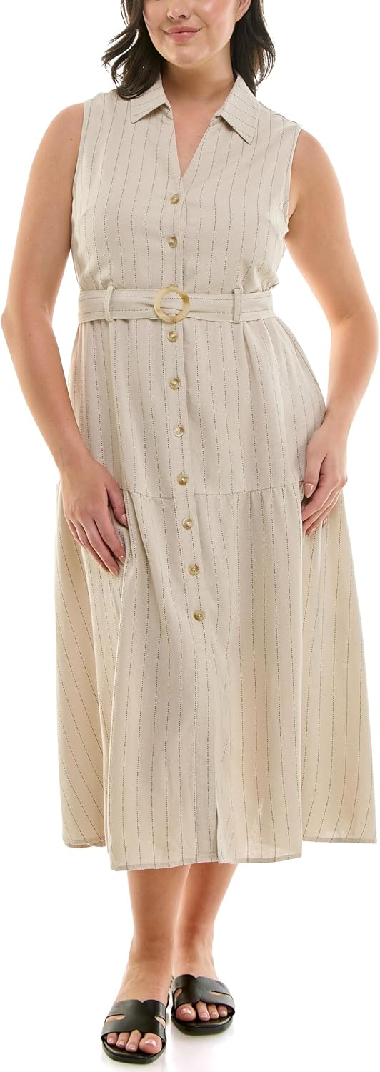 Nicole Miller New York Womens Sleeveless Shirt Collar Belted Tiered Shirt Dress