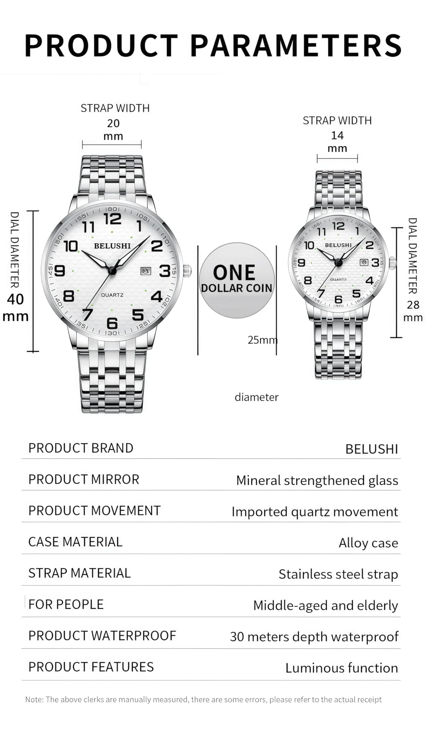 Gosasa Montre à quartz facile à lire pour personnes âgées, grands chiffres, calendrier, résistance à l'eau de 30 m, lumineuse, montre bracelet en acier inoxydable pour homme et femme