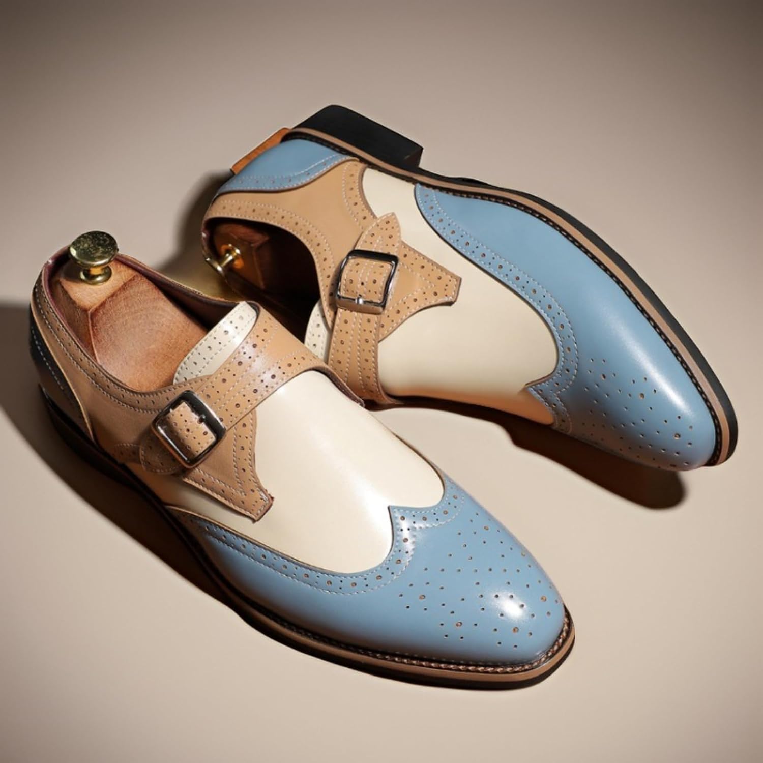 Men's Leather Slip On Wingtip Monk Strap Loafers Flat Comfort Dress Shoes Colorblock Lightweight Soft Breathable Multicolor Patchwork Derby Shoes For Party Wedding Formal Office Business Work