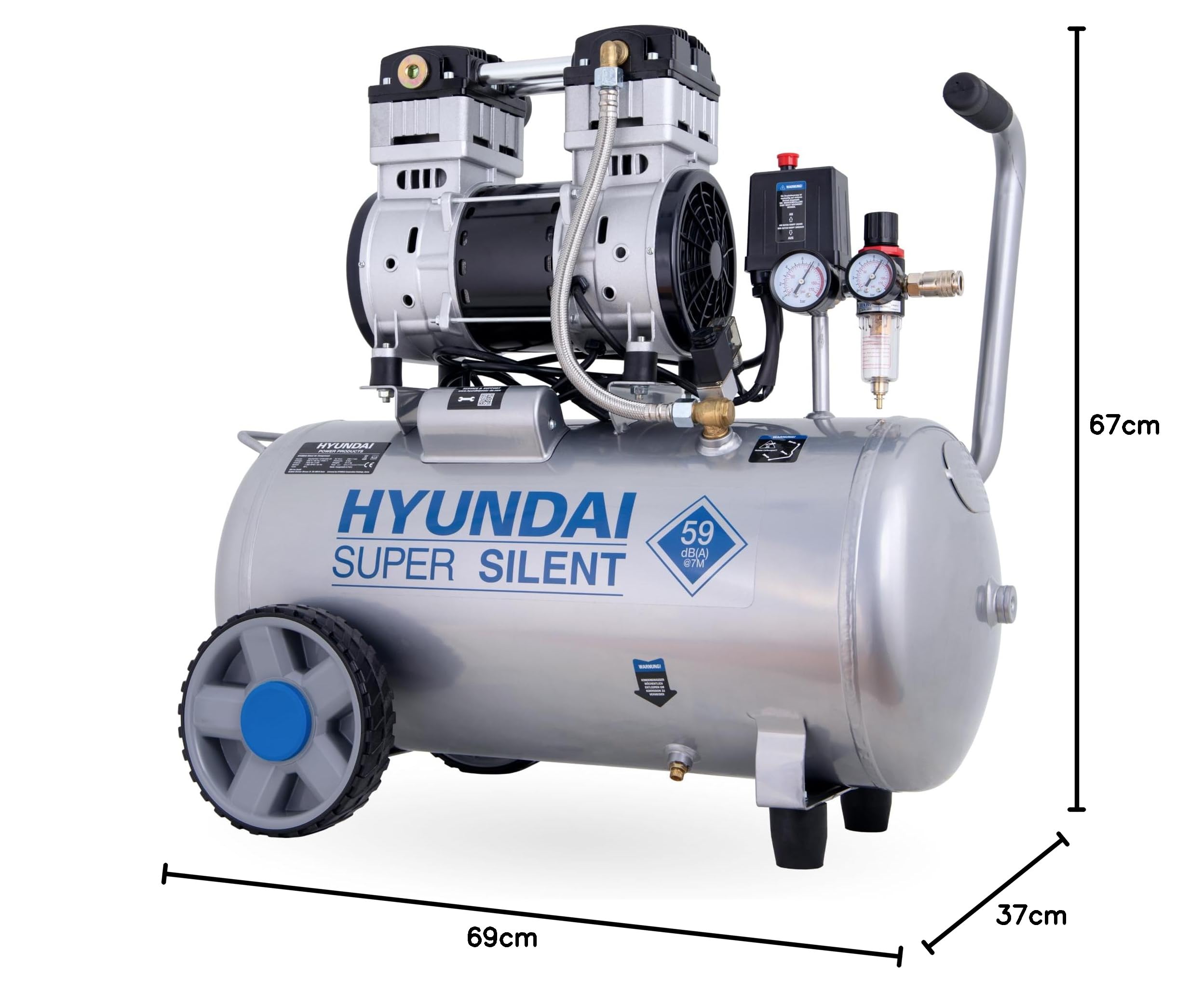 HYUNDAI Silent Kompressor SAC55753 | 50L Kessel, 8bar, ölfrei | 1.5kW / 2.0PS | Ansaugleistung 232 L/Min | Öl-Wasserabscheider | 59dB Luftkompressor leise, Flüster-Kompressor