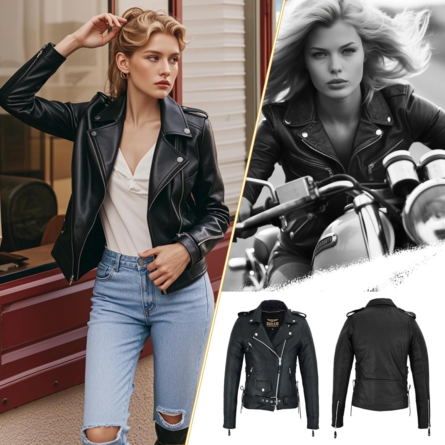 GARGOYLE BELLS Womens Motorcycle Jacket Classic Cowhide Leather Jacket with Lace Sided Leather Biker Coat for Women - Image 2