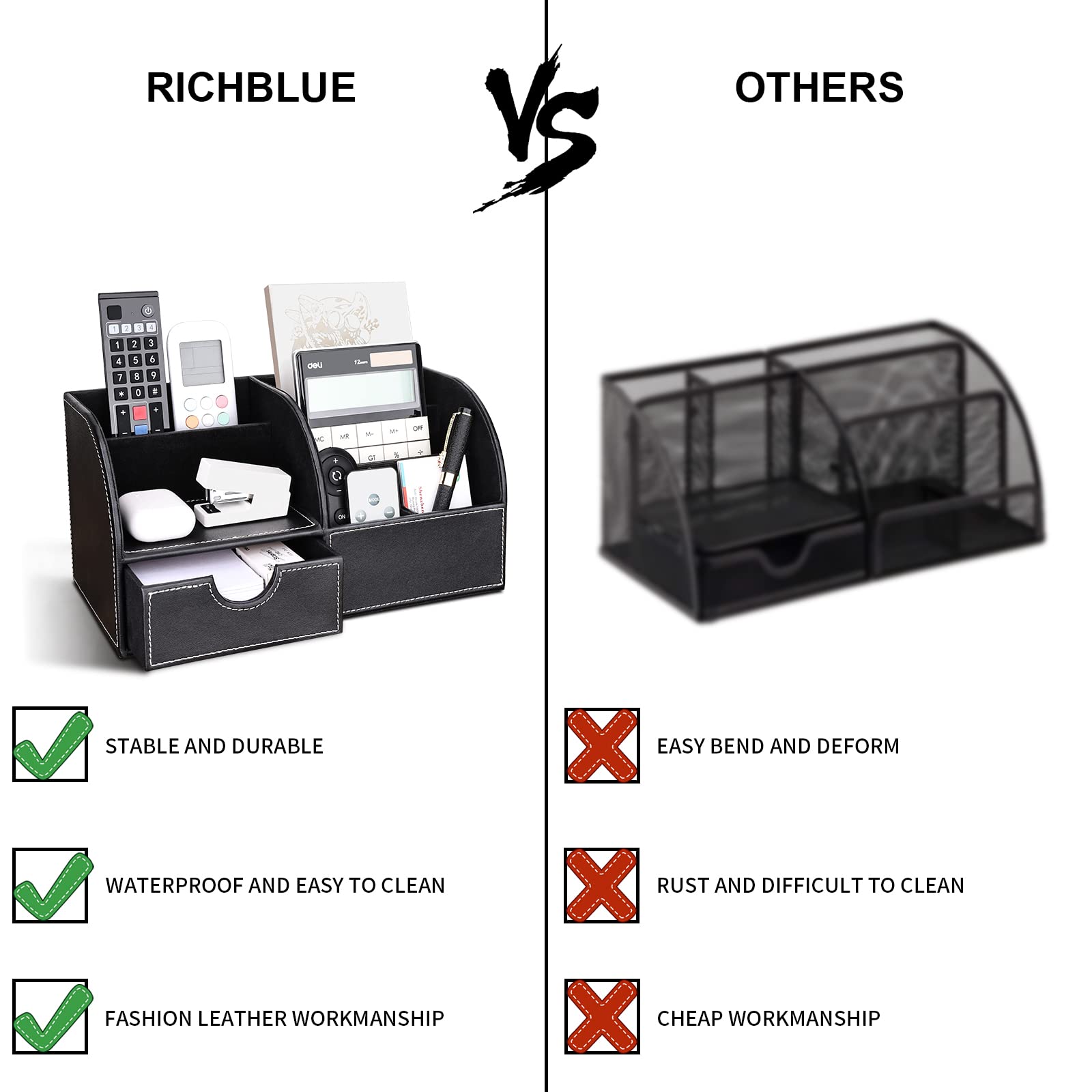 Richblue Schreibtisch Organizer, PU Leder Stiftehalter Schreibtisch, Multifunktionaler Büro Organizer mit Klein Schublade (7 Fächern-Schwarz)