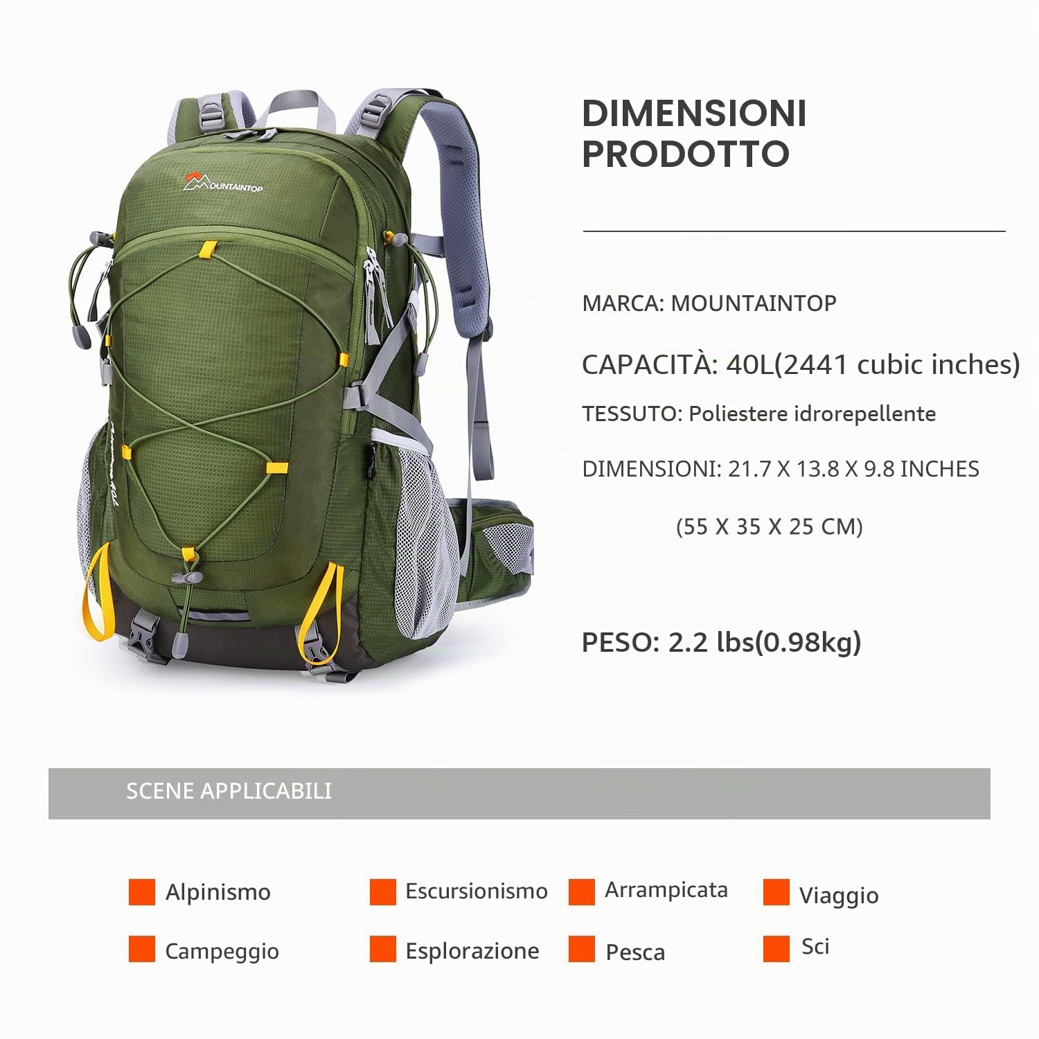 MOUNTAINTOP Zaino Trekking di 40 Litri Zaino da Montagna per Donna e Uomo Zaini da Viaggio Impermeabile con Copertura della Pioggia per Escursionismo Alpinismo Campeggio