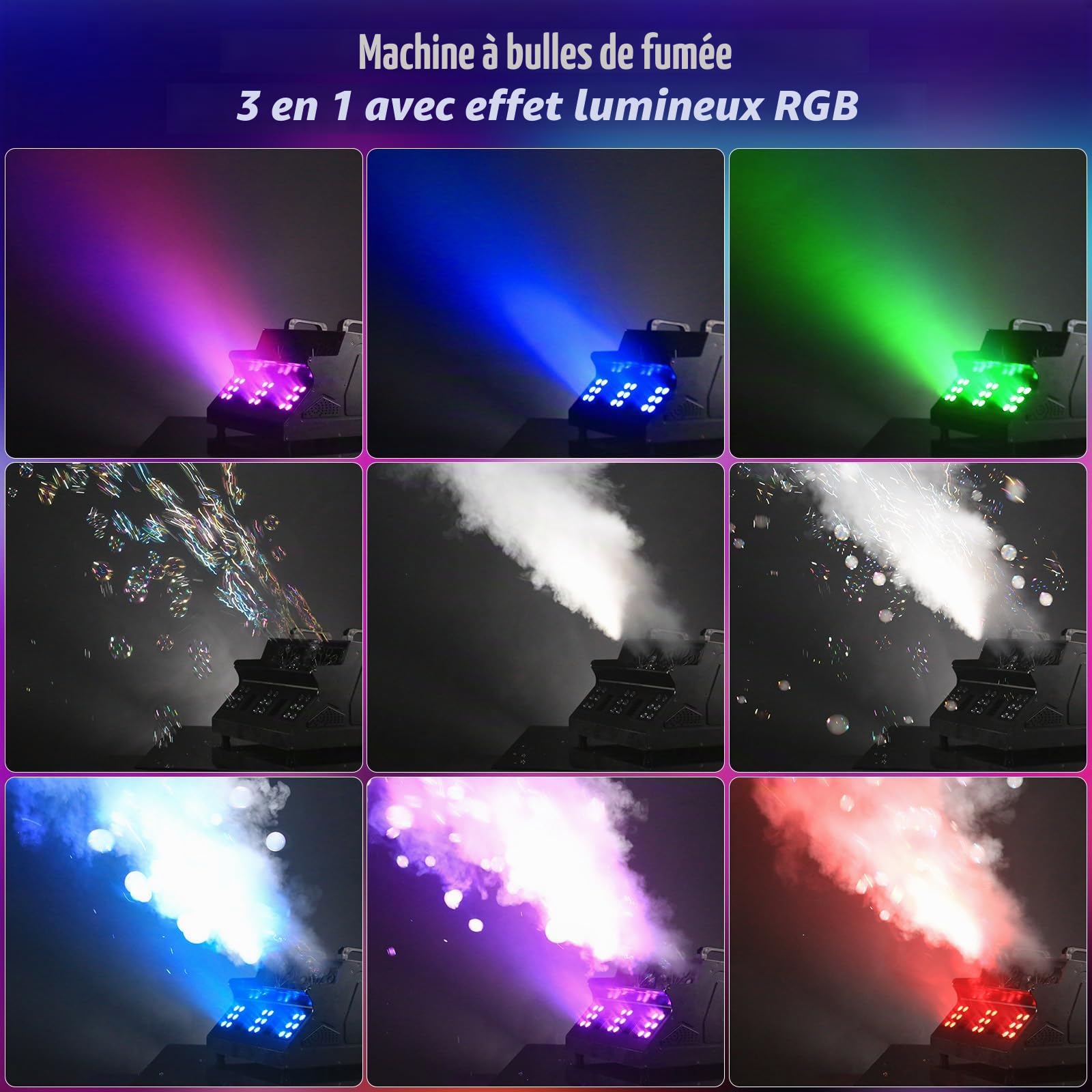 Machine à Fumée et à Bulles 1500W avec Télécommande, 18 LED RGB d-mx512 Contrôle Indépendant Machine à Bulles et à Fumée pour Mariages, Scènes, Fêtes, Noël, Halloween
