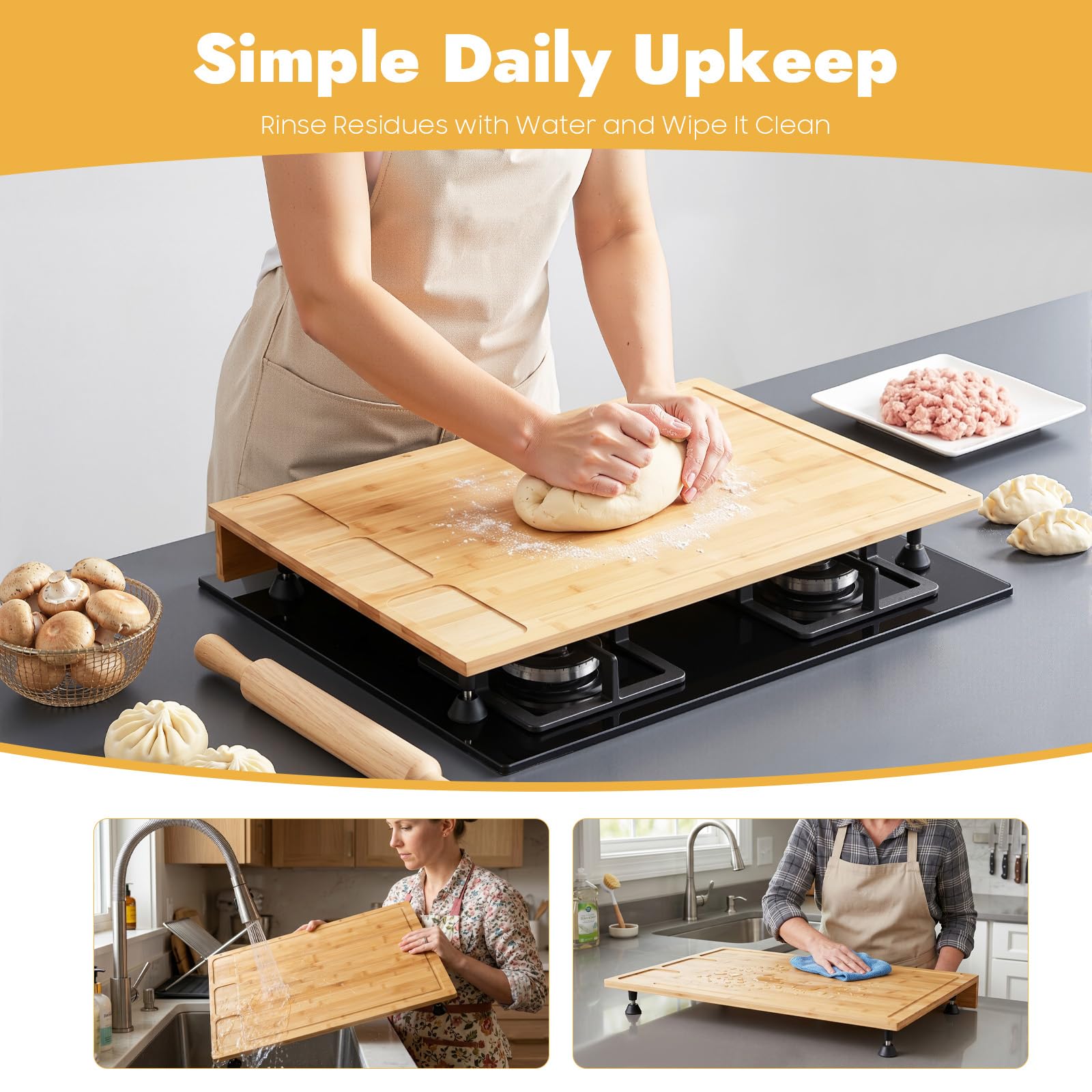 Cache Plaque de Cuisson Bambou 75x54cm Protege Plaque Induction avec 4 Pieds Amovibles Couvre Plaque Multi-Usage Planche à Découper Protection Vitrocéramique Cuisine Maison