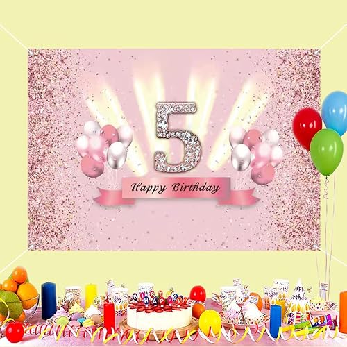 Miniatura 3 de Decoraciones de feliz cumpleaños 5 para niñas, pancarta de fondo para decoración de fiesta, póster de tela de aniversario, fondo de foto rosa,