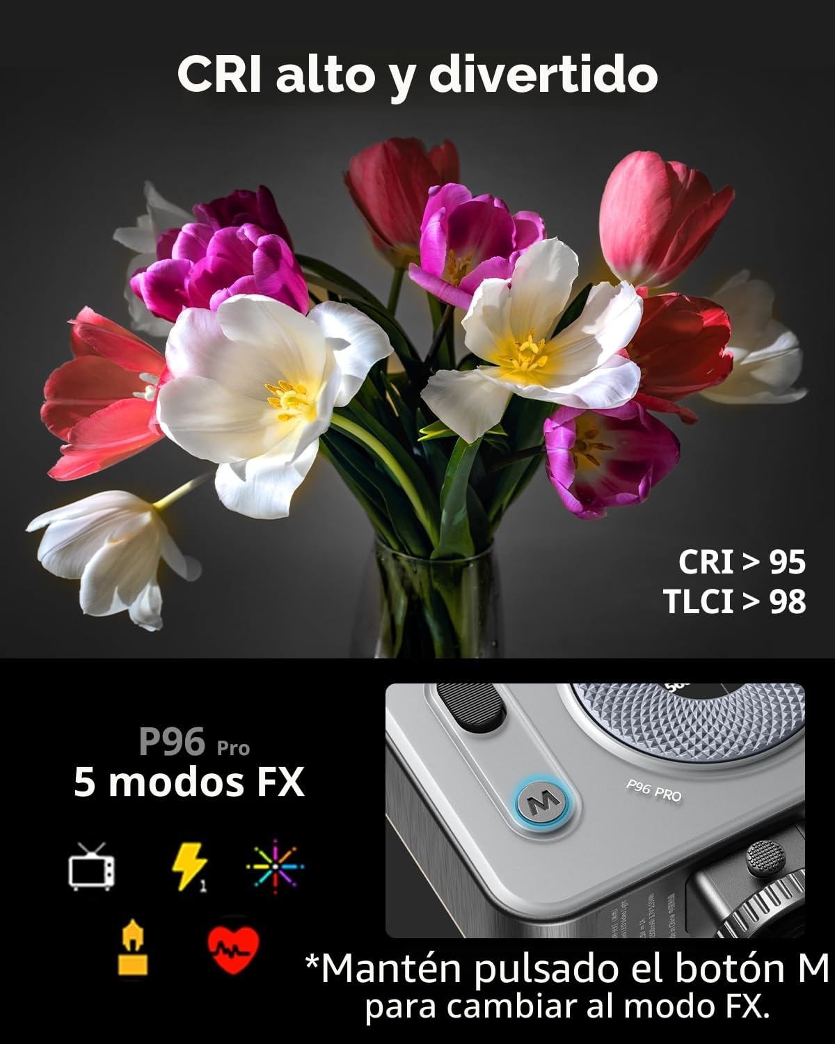 SMALLRIG Luz de Video LED Vibe P96 Pro, Luz de Cámara Portátil para Fotografía, Luz de Zapata Fría, CRI95+, 2500-6500K, 5 Efectos, Transmisión en Vivo, Color Negro 4660