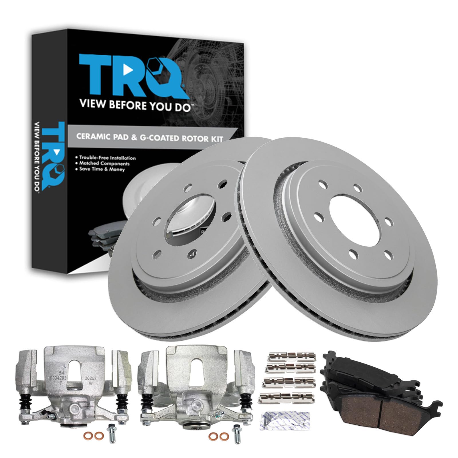 TRQ Rear Brake Pad, Caliper, &amp; Rotor Kit Ceramic Premium G-Coated Compatible with 2015-2017 Ford F-150