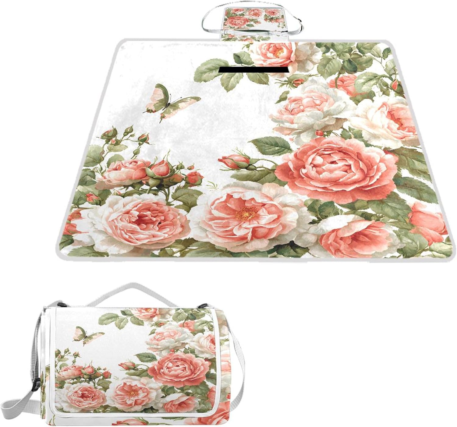 MNSRUU Picnic Blanket Waterproof Foldable, Flower Pink Butterfly Peony Large Outdoor Picnic Blanket Beach Blankets Camping Blanket Travel Mat, Shoulder Strap Tote, Rectangle 57x59in