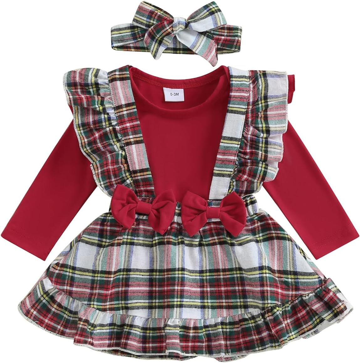 Baby Girls Plaid Overall Skirt Set Long Sleeve Romper Plaid Suspender Skirt Headband Christmas Outfit Sets