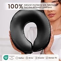 Vista 3 de THXSILK Almohada de cuello 100% seda de morera para viajes y avión, almohada de viaje de espuma viscoelástica para soporte de cuello en coche y Negro