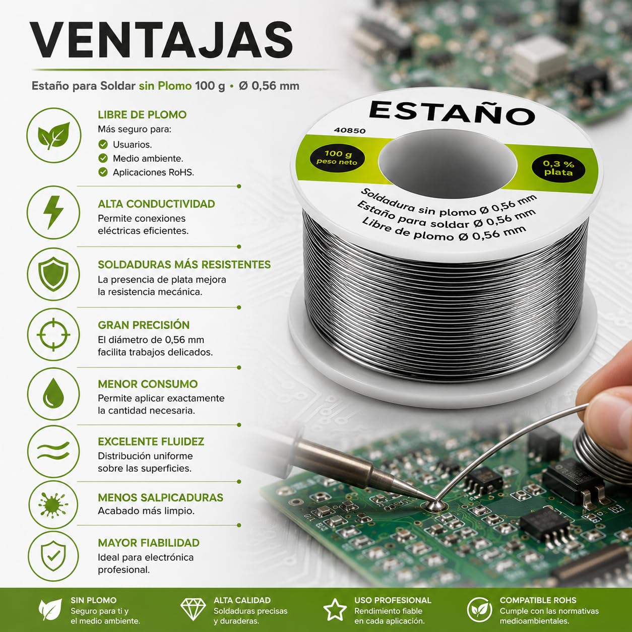 CABLEPELADO Estaño para Soldar Sin Plomo 100 g Ø 0,56 mm con 0,3% Plata | Hilo de Soldadura para Electrónica, PCB, SMD y Reparaciones Eléctricas | Compatible RoHS