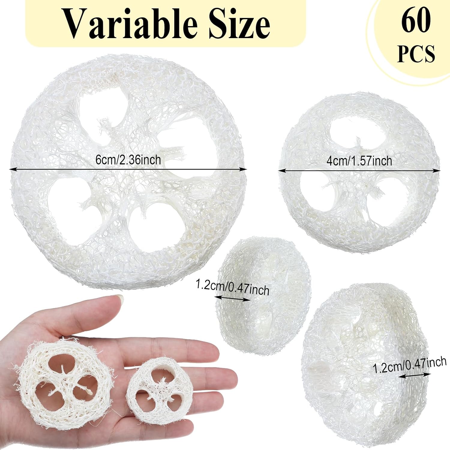 Bokon 60 Pcs Natural Loofah Slices for Soap Making Bulk Reusable Natural Loofah Sponge Organic Exfoliating Bath Shower Luffa Small Scrubber, Bright White
