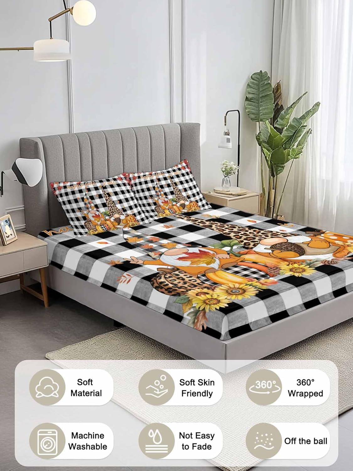 Queen Fitted Sheets Thanksgiving Gnome Pumpkin Sunflower Bed Set with 16" Deep Pocket,Soft Microfiber Bed Bottom Sheet with 2 Decorative Pillowcases Fall Black Buffalo Check