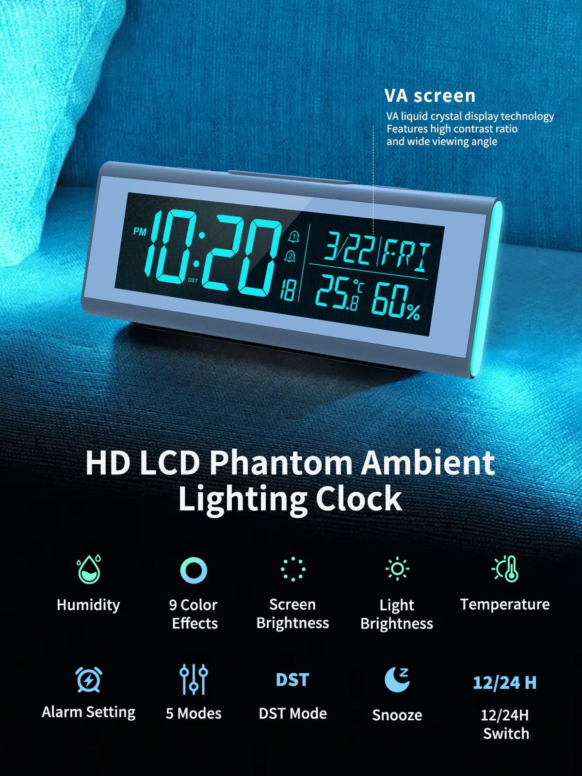 Réveil numérique pour chambre à coucher avec écran LCD, couleur atmosphère, cycle de couleur dégradé, avec affichage de la température et de l'humidité, fonction snooze (blanc)