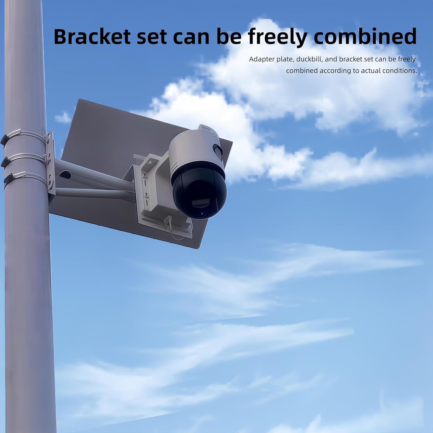 CCTV Security Camera Mount Bracket - Pole/Wall Mount with Solar Panel Holder, Dual Camera Compatible, Heavy-Duty Steel Tripod Structure, 30cm Stainless Steel Hose Clamps Included