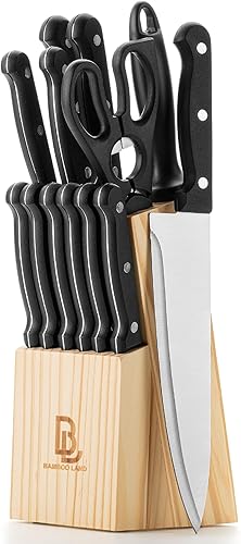 BAMBOO LAND - Juego de cuchillos de cocina, 14 piezas, juego de cuchillos de acero inoxidable con bloque y afilador