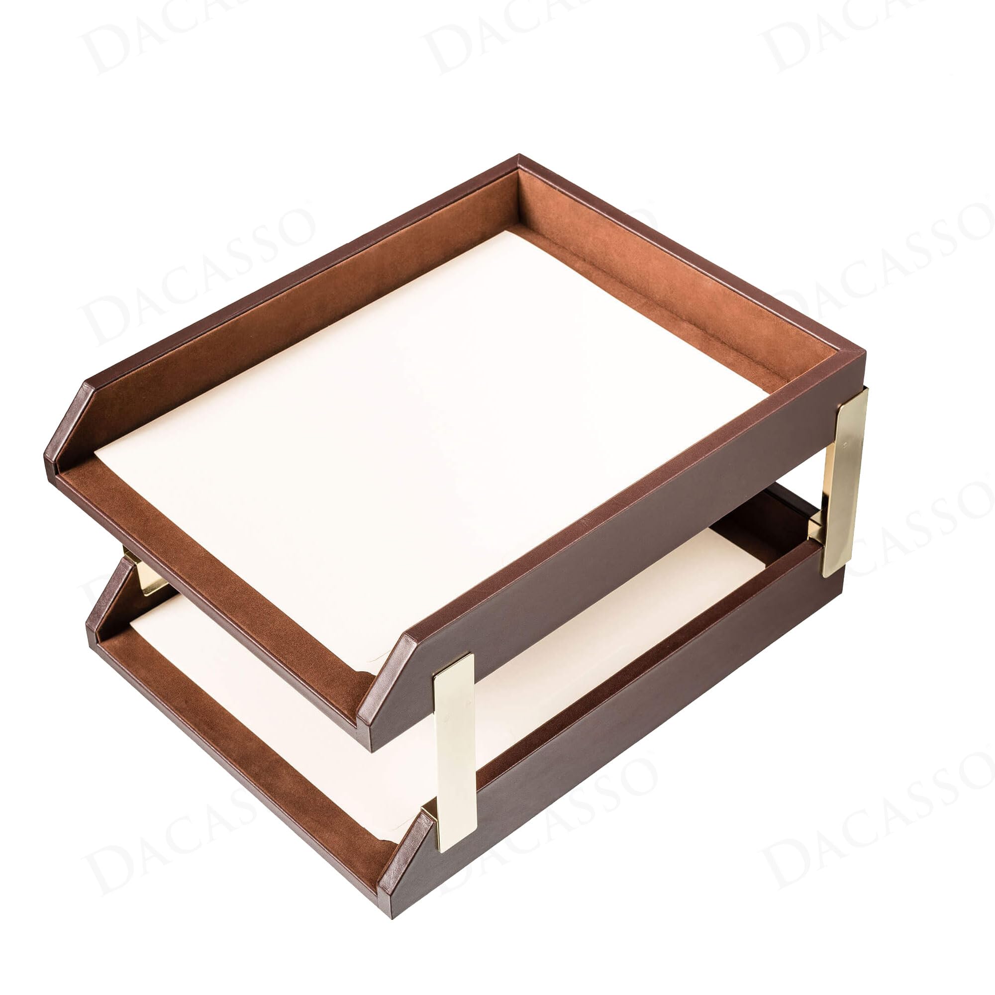 Dacasso Chocolate Brown Leather Front-Load Double Letter Tray Set w/Gold Stacking Posts - Luxury Executive Decor and Office Essential - Desk Surface Protector