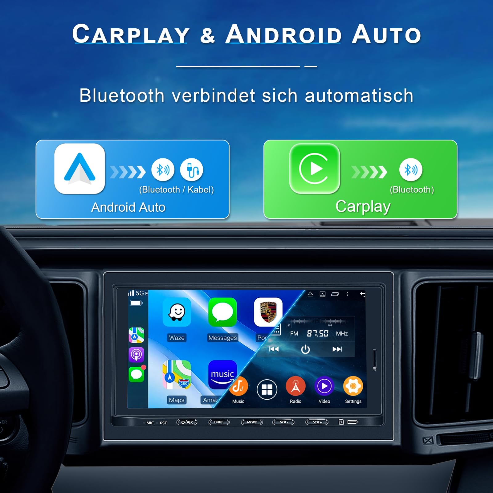 4G+64G 8 Core (2CA75+ 6CA55) Autoradio Android 14 con schermo, autoradio doppio Din da 7 pollici, autoradio DAB Plus per la maggior parte dei modelli, CarPlay wireless e Android Auto, navigazio