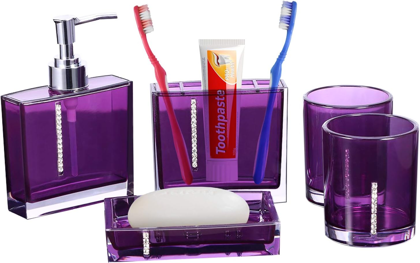 Purple Bathroom Accessories Set, 5 Pcs Clear Glass Bathroom