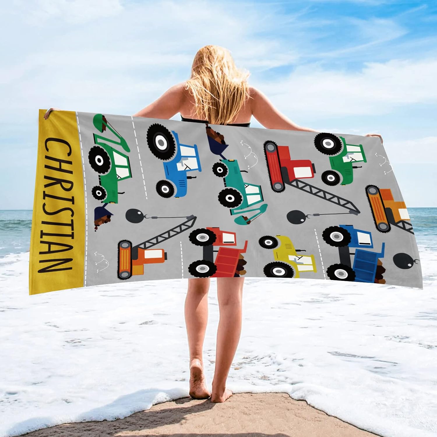 Personalized Beach Towel for Kids - Quick Dry Construction Car Towel for Boy with Custom Name - Perfect for The Beach or Swimming Pool(35" x 70")