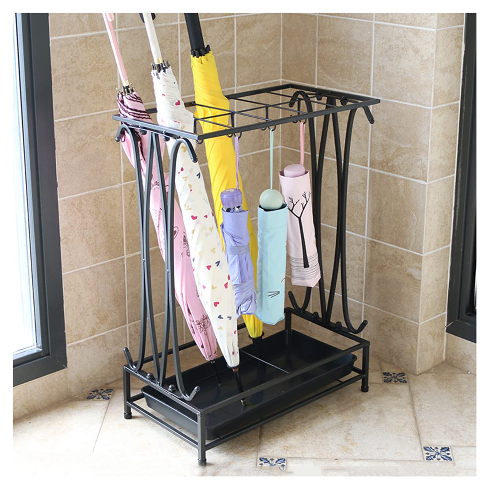 BHFPFZA Commercial/Home Umbrella Stand with High Capacity 10 21 Independent Spaces Umbrella Racks for Hallway Office and Door Black 10 Holes + 8 Hooks