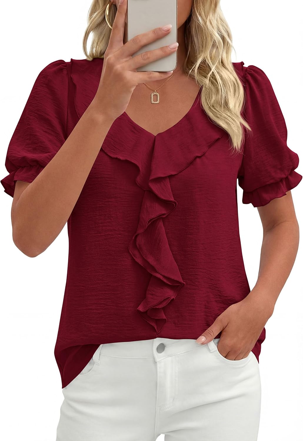 PRETTYGARDEN Women's Summer Dressy Casual Blouses 2026 Short Sleeve V Neck Ruffle Business Work Tops Trendy Spring Outfits - Image 3