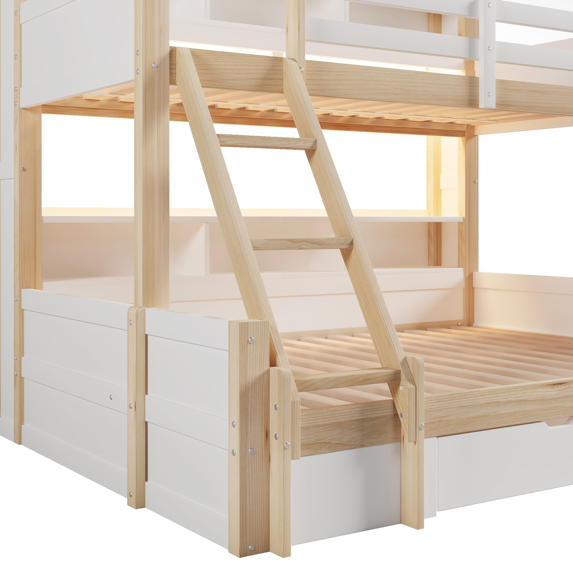 Litera, 90 x 200 cm+140 x 200 cm, escalera, barandilla, varios armarios abiertos, posición de escalera opcional, 1 cajón, barra de luz LED, sin colchón (blanco + natural)