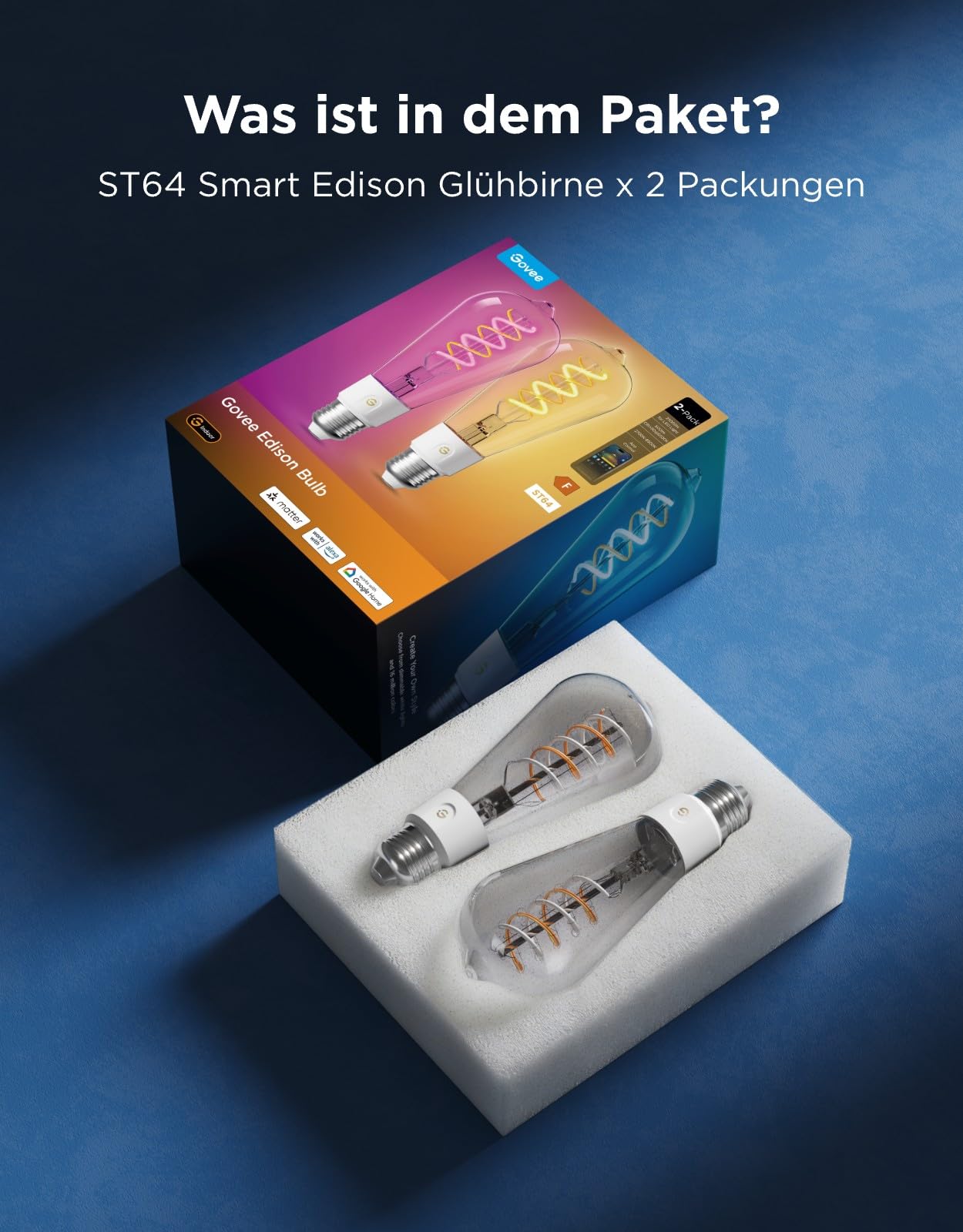Govee Smart Edison Glühbirne E27 RGBWW LED Lampe ST64 Kompatibel mit Matter und Google Assistant 500lm COB Dimmbar 16 Mio. DIY-Farben Filament Bulbs Vintage-Deko 2 Stück