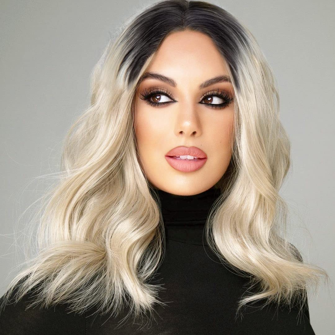 K'ryssma Short Bob Blonde Lace Front Wig Ombre Wavy Bob Wig with Middle Parting Blonde Bob Synthetic Wigs for Women