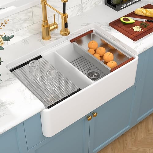 Sarlai 33 White Farmhouse Sink Double Bowl - 33 Inch White Kitchen Sink Ledge Workstation Ceramic Porcelain Fireclay Double Bowl 50/50 Apron Front Reversible Deep Rectangular Farm Sinks